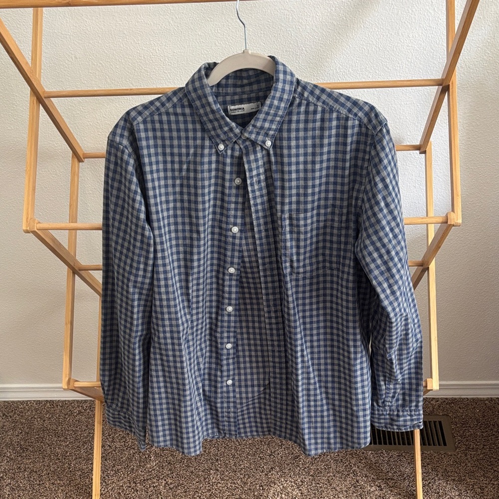 Sonoma Blue and White Plaid Button-Down Shirt - Men's